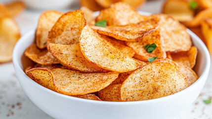 Crispy apple chips in bowl, dusted with cinnamon, perfect for snacking and sharing