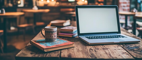 Close-up of a laptop with a blank white screen on a wooden desk in a coffee shop. A coffee mug and books are nearby, with a blurred background. This image suggests a concept of available copy space. 