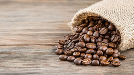 Fototapeta premium Fresh coffee beans spilling from burlap sack on wooden surface, creating rich aroma
