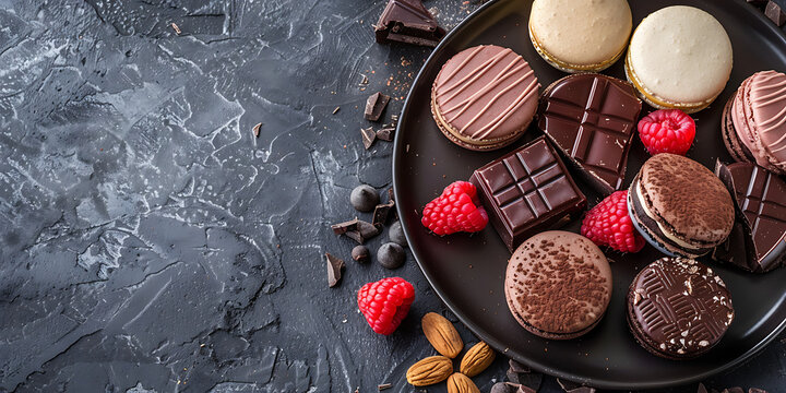 Decadent assortment of chocolates, macarons, and fresh raspberries on a dark textured surface