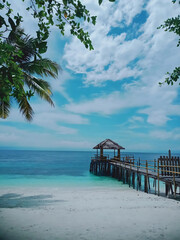 Peaceful tropical beach view with palm leaves, blue ocean, and wooden pier