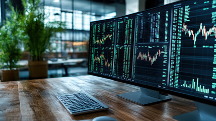 Modern workspace with financial graphs on screens, showcasing market performance and analysis