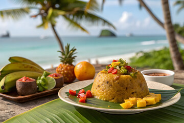 Tropical island feast a delicious gourmet meal served on a beach with palm trees and ocean view