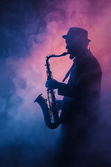 Obraz premium Silhouette of a saxophonist playing passionately in colorful smoke during a nighttime performance