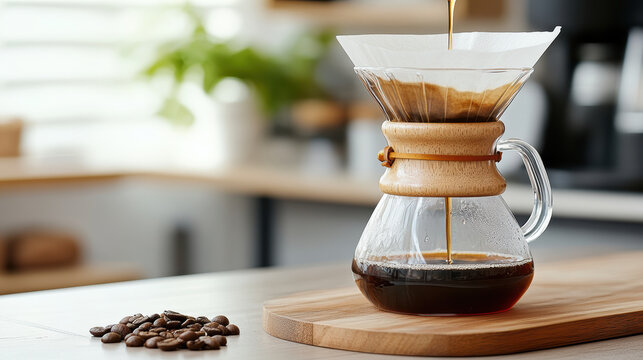 Pour over coffee brewing in glass carafe with coffee beans nearby, showcasing cozy kitchen scene