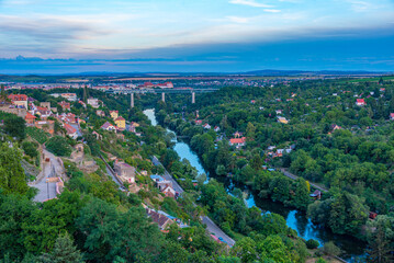 Fototapeta premium Sunset panorama of Dyje river passing through Znojmo, Czech repu