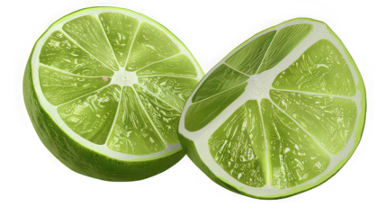 A close-up of a cut lime showing its inner green texture and juicy pulp on a simple background.