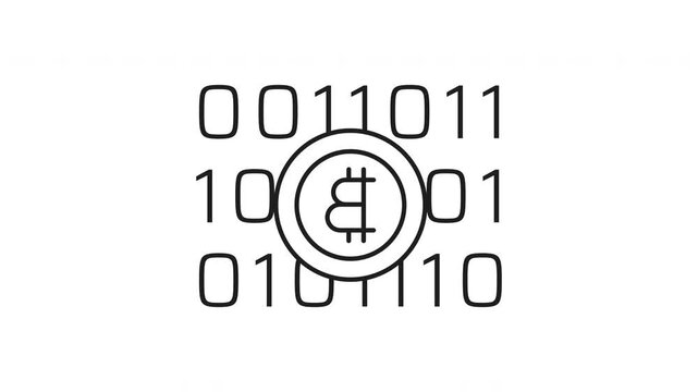 Bitcoin core line animation. Bitcoin core animation on binary code backdrop. Ideal for finance, technology, cryptocurrency themes in presentations, websites, and marketing.