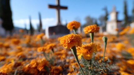 Vibrant orange marigold flowers adorn a sunlit cemetery. Mexican Day of the Dead celebration with a cross visible in the background for spiritual remembrance.