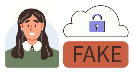 Womans portrait next to a secure cloud with lock and Fake label. Ideal for identity theft, cybersecurity, online fraud, authentication, privacy, trust, and safety messaging. Simple flat metaphor
