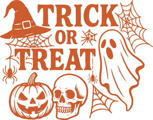 Trick or Treat Happy Halloween Vector with Pumpkin, Skull, Ghost, and Spider Web