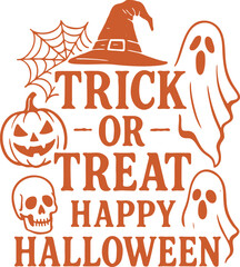 Trick or Treat Happy Halloween Vector with Pumpkin, Skull, Ghost, and Spider Web
