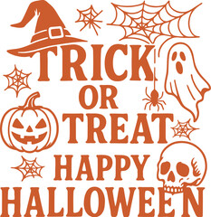 Trick or Treat Happy Halloween Vector with Pumpkin, Skull, Ghost, and Spider Web