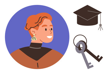 Smiling individual in a circular frame, graduation cap, and old-fashioned keys. Ideal for education, aspiration, achievement, opportunity, success career learning. Simple flat metaphor