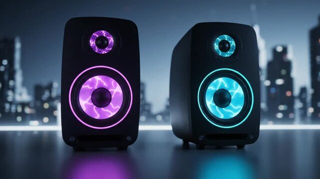 Wireless Bluetooth Speakers with Colorful LED Lighting Displaying Vibrant Light Effects in Night Cityscape