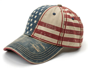 Fototapeta premium Distressed baseball cap featuring american flag design with stars and stripes on a white background