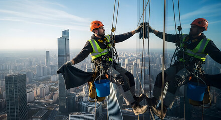 Professional window cleaner performing high-rise building cleaning, suspended by ropes against a panoramic city skyline background.