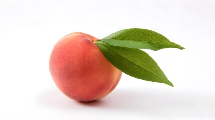 A fresh peach with a green leaf rests on a clean white surface, highlighting simplicity and natural beauty.