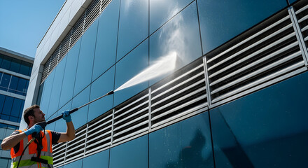 Professional high-pressure cleaning service for a modern office building facade.
