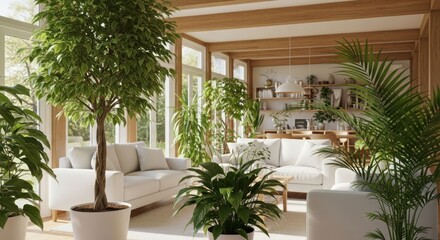 Obraz premium Sun-drenched, bright living room, abundant plants