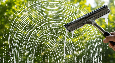 Professional window cleaning with squeegee and soapy suds, creating fresh patterns on glass against a vibrant green outdoor background, symbolizing hygiene and maintenance.