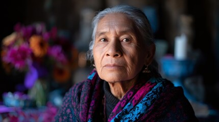 Portrait of an older hispanic woman with a colorful shawl looking at camera. Day of the Dead celebration concept. Mexican culture.