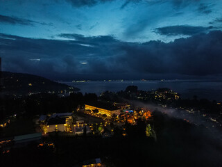 Aerial Night View of Hotel Niagara Parapat by Lake Toba, Indonesia