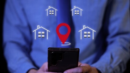 Businessman browse property listings on phone with animated GPS pin and house icons showing real estate search concept