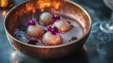 Lychee Dessert in Copper Bowl with Edible Flowers - Elegant Food Photography, Fine Dining