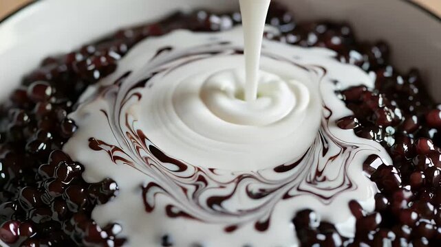 creamy coconut milk poured over black tapioca dessert
