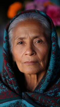 Close up portrait of an elderly mexican woman with traditional serape. Mexican culture, tradition and indigenous people for Day of the Dead.