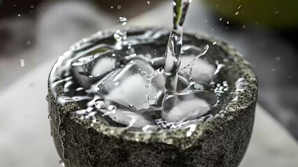 pouring fresh water into stone bowl with ice cubes - Powered by Adobe