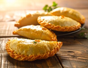 Traditional Argentine Empanadas on Wooden Table / Empanadas argentinas tradicionales en mesa de madera © Hexden