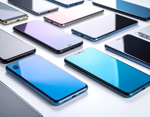 Many colorful smartphones on a white surface