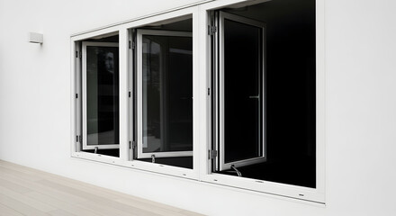 Fototapeta premium Modern white-framed windows open for cleaning and fresh air on a minimalist building exterior