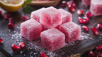Homemade Pomegranate Jelly Candies Sprinkled with Sugar on Dark Board with Lemon
