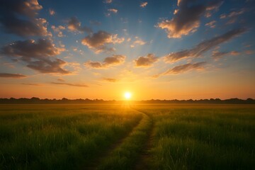 Fototapeta premium Rural Road Through a Green Field at Sunset