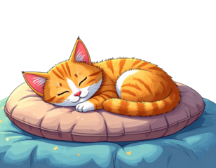 Cartoon Style Cat Sleeping on Pillow PNG