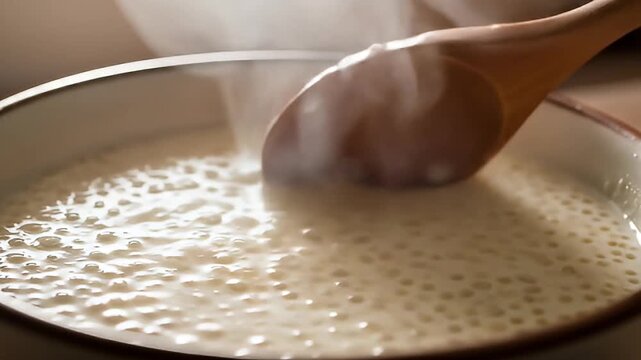 creamy tapioca pudding being stirred