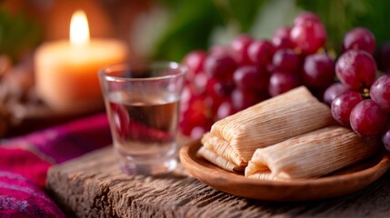 Mexican tamales with grapes and a glass of drink on wooden table. Day of the Dead celebration food. Traditional religious holiday.