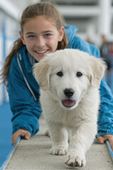 young girl teaches her puppy to jump over obstacle celebrating their first victory over fear