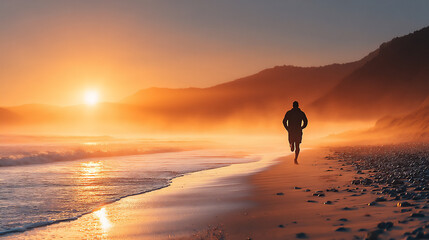 energetic scene of a person running on a scenic beach at sunrise