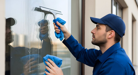 Professional window cleaning service by a focused male worker using a squeegee and microfiber cloth on a building's exterior glass.