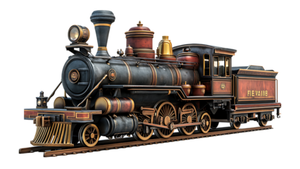 Illustration of a vintage steam train, rendered in black, red, and gold.