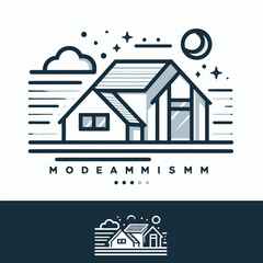 Fototapeta premium Vector Modern Minimalist House Line Art Illustration with 'MODEAMMISM' Branding, featuring Sky Elements and a Geometric Design