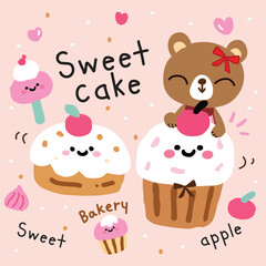 Adorable Bear and Cupcake Cartoon Vector.eps