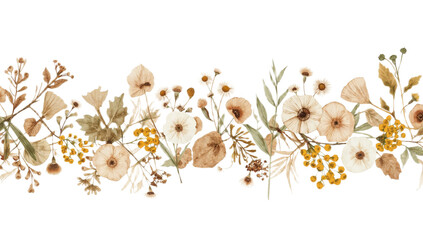 Dried Floral Border Watercolor Autumn Bouquet Illustration