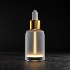 Frosted glass dropper bottle on dark surface.  Lifestyle product shot