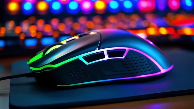 A sleek black gaming mouse with RGB lighting on a mouse pad