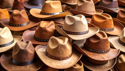 Many cowboy hats in various shades of brown and beige